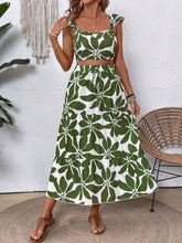 Women's Fashionable Summer Short Sleeve Green Printed Top And Midi Skirt Set